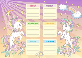 Cute Unicorn schedule, weekly planner and school time table design with magic horses rainbow, flowers, stars. Vector illustration. Printable organizer sheet. Ready to print design.