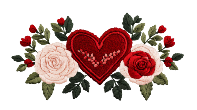 Embroidered heart and roses, floral decoration, Valentine's Day, cut out transparent