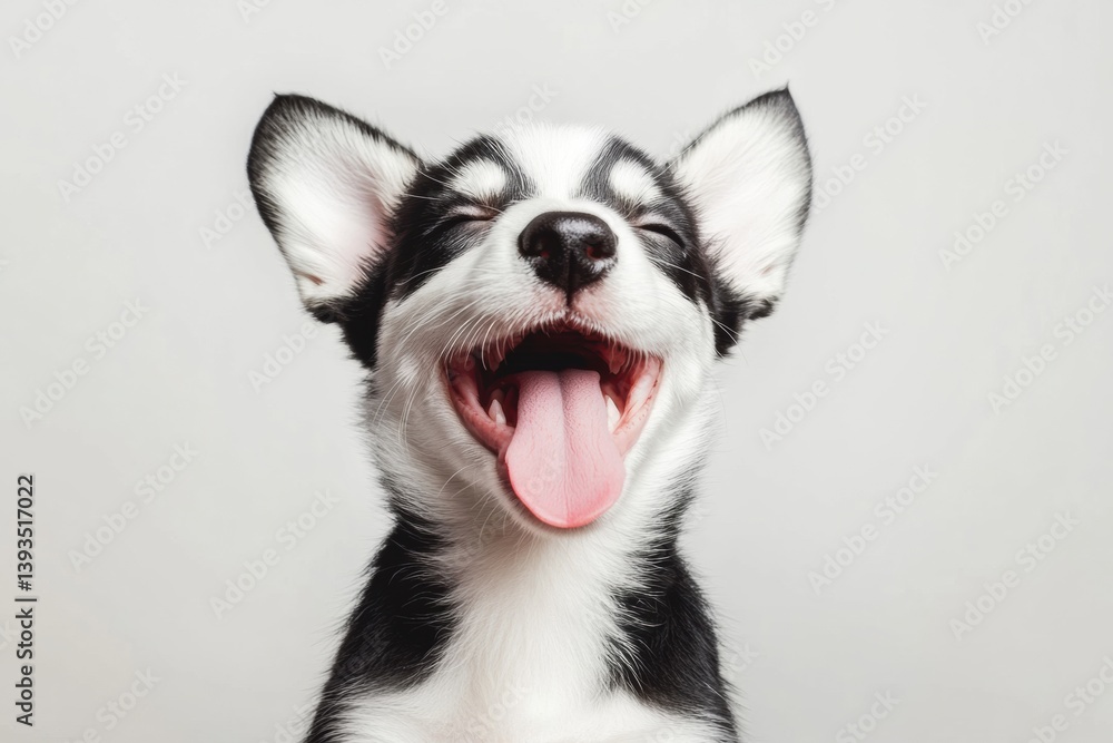 Poster happy corgi puppy looking up playfully with tongue out in a white studio setting