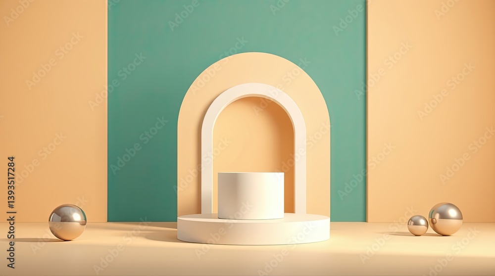 Poster a modern presentation setup with spheres and arched background