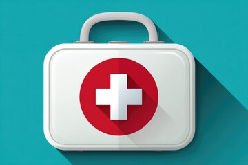 Obraz premium White first aid kit with red cross on teal background