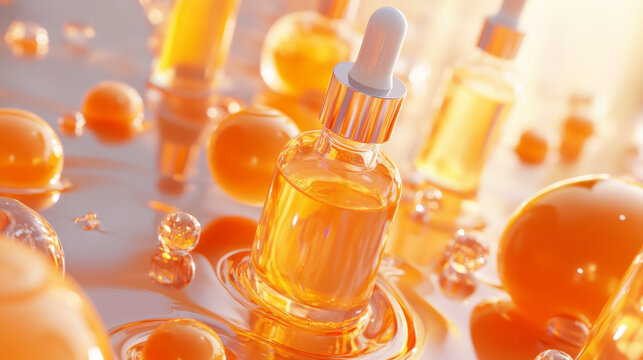 Cosmetic skincare serum featuring hyaluronic acid and vitamin C with orange tones--3D visual