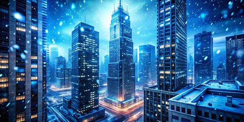 Obraz premium Enthralling Winter Cityscape Modern Skyscraper Illuminated by Vibrant Blue Neon Lights Against a Snowy Night