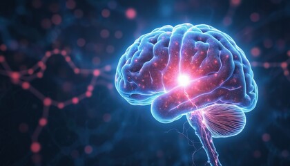 Fototapeta premium Abstract illustration of human brain with glowing neural network electric activity. Represents neuroscience, neurological conditions, artificial intelligence, cognition research, mental health tech,