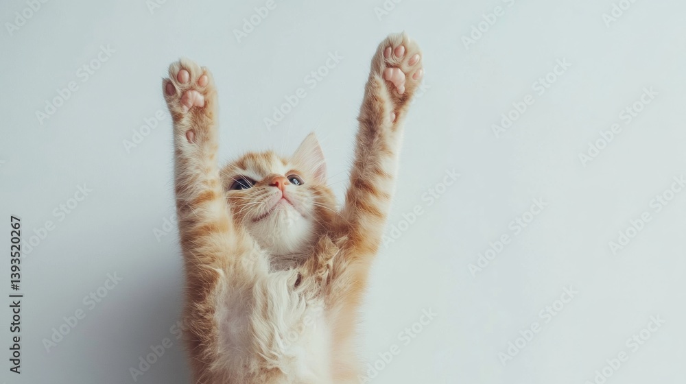 Poster Fluffy kitten playfully raising its paw against a white backdrop in a minimalistic setup