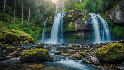 Obraz premium Pilj Waterfall cascading from rocks in a mountain forest