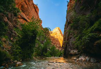 Sunlit Peak Above a Scenic Canyon with River and Lush Vegetation in Zion National Park, The Narrows Trail, Utah, USA
