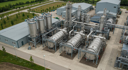 Modern biochar production facility with stainless steel pyrolysis chambers. Industrial plant for renewable energy. Eco-friendly approach to waste management with carbon capture technology