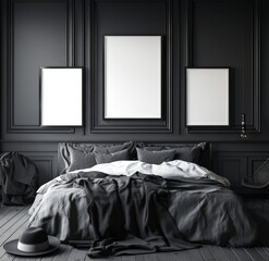 Dark, elegant bedroom with framed prints