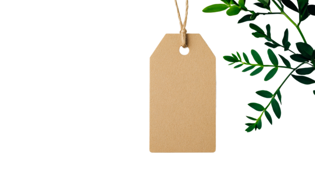 Blank tag with twig and copy space in a black backdrop, cut out transparent - Powered by Adobe