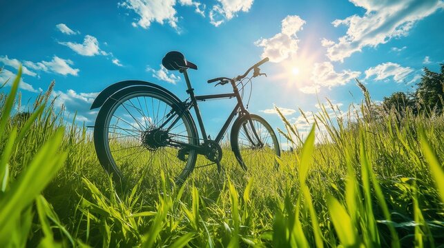 A vintage bicycle stands amidst tall, sun-drenched green grass under a bright blue, cloudy sky. A peaceful, summery scene