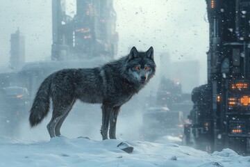 A lone wolf stands in a snowy winter landscape, its fur glowing under the pale light of a futuristic city, reflecting the cold, mysterious atmosphere of a cyberpunk world.
