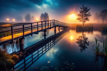 Fototapeta premium Atmospheric Dusk Footbridge Over a Misty Wetland A Tranquil LowLight Landscape Photography