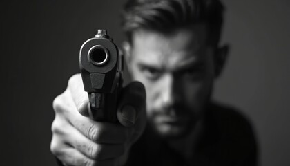 Naklejka premium Black and white photo of man pointing a gun directly at camera. A close-up portrait of a person with a weapon. Violence, crime, danger, law enforcement, security and threat concepts.