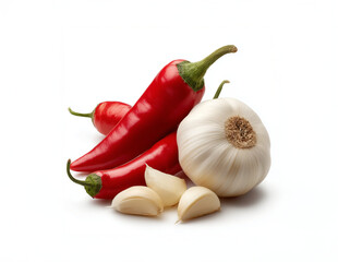 Fresh red chili pepper, sliced onion and garlic isolated on white background