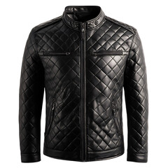 Faux Leather Winter Jacket in Black with Quilted Stitching Isolated on Transparent Background