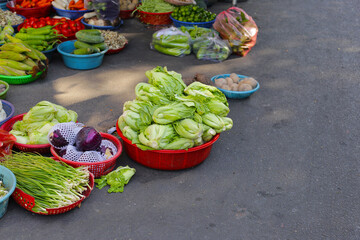 Fresh vegetables on display at a local market in Vietnam