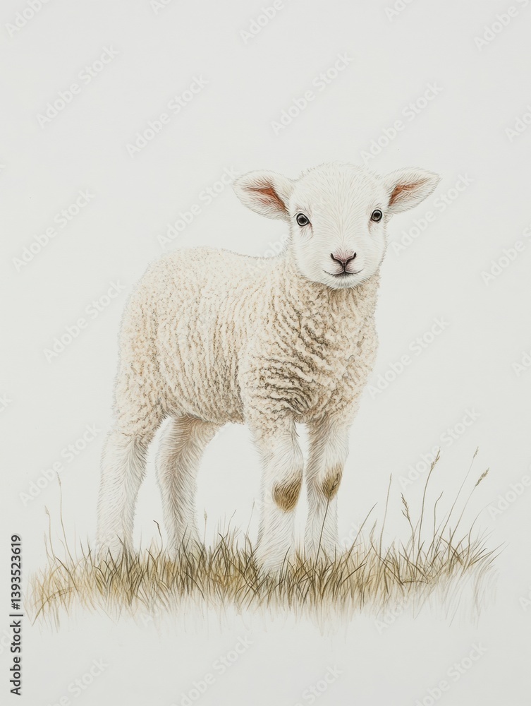Aufkleber lamb standing gracefully in a short grass patch against a softly blending white background