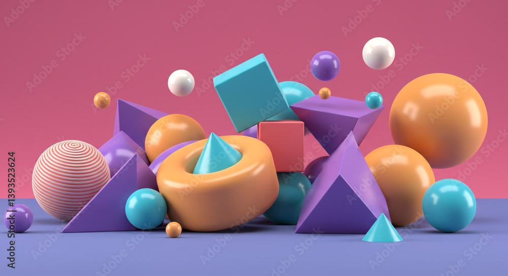 Poster a playful collision of vibrant spheres and geometric shapes dancing on a pastel surface, creating a 