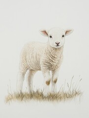 Fototapeta premium Lamb standing gracefully in a short grass patch against a softly blending white background