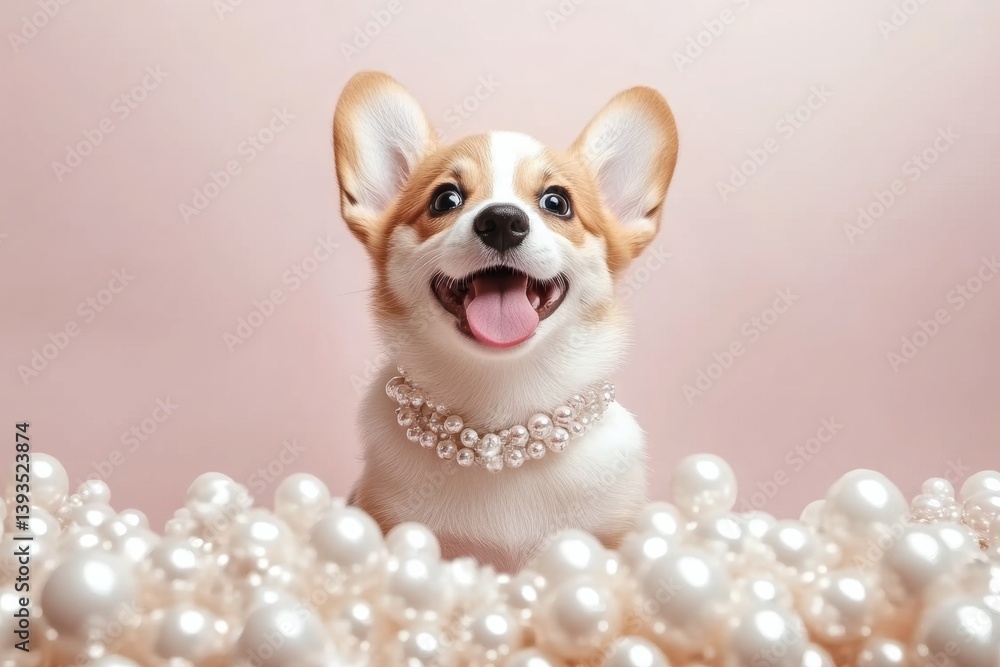 Aufkleber happy corgi puppy with playful expression in white studio setting surrounded by pearls