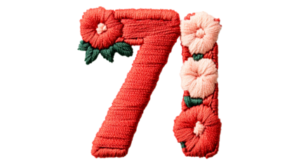 Floral "71" number, elegant embroidery art, decorative floral, cut out transparent