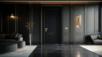 Fototapeta premium Modern black entry door with complementary black exterior walls and decorative details