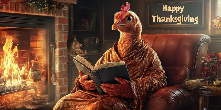 Turkey in a silk robe enjoying a cozy evening by the fireplace while reading a book