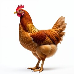 Fototapeta premium Isolated golden brown hen stands against clear background. Focus on detailed plumage, featuring vibrant red comb, wattle. Poultry, farm bird, used for eggs, meat. Agricultural animal, natural organic