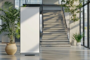 Displaying Indoor Pull Up Banner Stand Next to Palm Tree