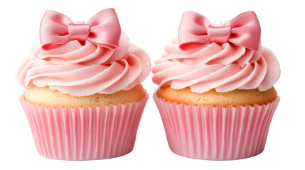 Pink frosted cupcakes with bows, dessert, isolated, sweetness, cut out transparent