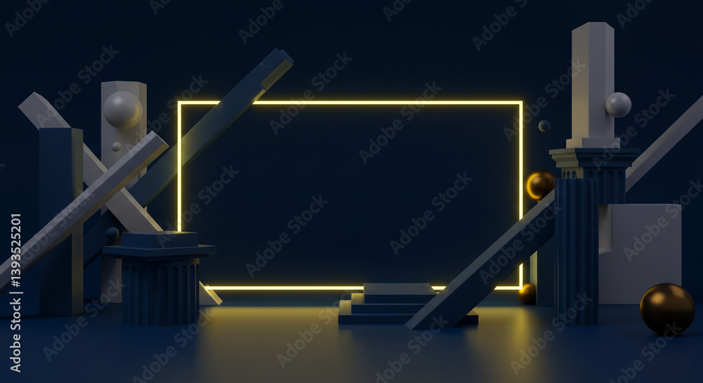 Poster a dramatic interplay of geometric forms and classical columns bathed in a warm, neon glow, creating 
