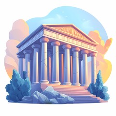 Obraz premium Ancient Temple Ruins: Explore Greek Style Architecture with Scenic Sunset Backdrop in Digital Artwork