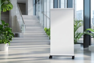 Blank Roll Up Banner Stand Mockup in Bright Modern Office Interior