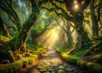 Fototapeta premium SunDrenched Path Through a Mystical Enchanted Forest A Magical Woodland Trail Beckons with Fantasy Trees and Enchanting