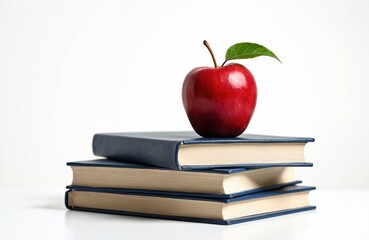 Stack of blue books, red apple isolated on white. Books, apple represent knowledge, education, learning, healthy diet. Education, back school concept. College supplies, university study. Reading,