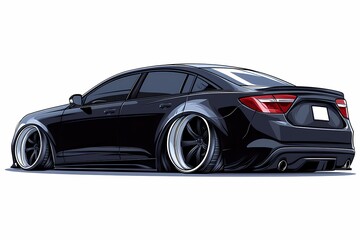 Naklejka premium Black Sedan Illustration: A Sleek, Lowered, Sporty Automotive Masterpiece with Custom Wheels and Street Style Design