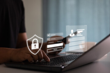 Secure access data protection concept. Business man hand to access privacy profile on account in the company system by entering username and password for authorization security system of technology.