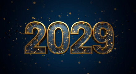 Elegant golden 2029 numerals sparkle against a deep blue backdrop, promising a bright and technologically advanced future.