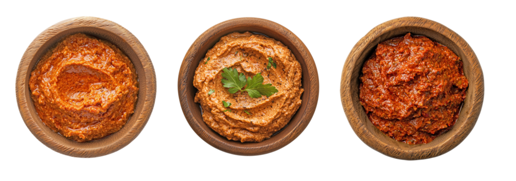 Top view of muhammara dip in wooden bowls, isolated on transparent or white background, spicy red pepper and walnut spread for Middle Eastern and Mediterranean cuisine