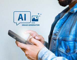 Man using smartphone with ai image generator interface on screen wearing denim jacket in modern...