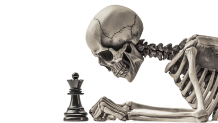 Png of A skeletal figure contemplating a chess piece, symbolizing the strategic nature of life and death.