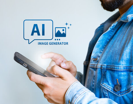 Man using smartphone with ai image generator interface on screen wearing denim jacket in modern tech concept scene