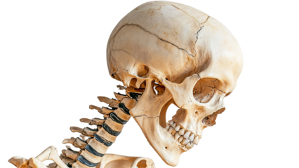 Png of Detailed view of a human skeleton model showcasing the skull and vertebral column, emphasizing anatomical structure.