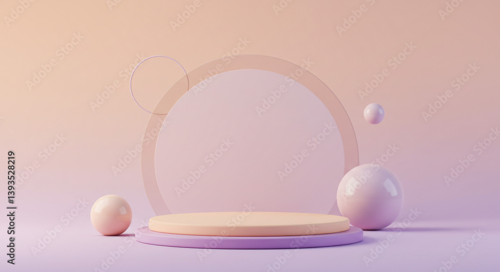 Poster a serene pastel display featuring a gentle peach and lavender podium, adorned with floating spheres 