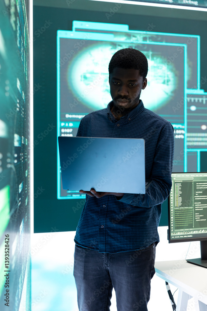 Poster governmental hacker exploiting server systems in high tech operations center, executing cyber defens