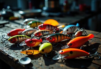 Colorful fishing lures arranged on a rustic wooden table
