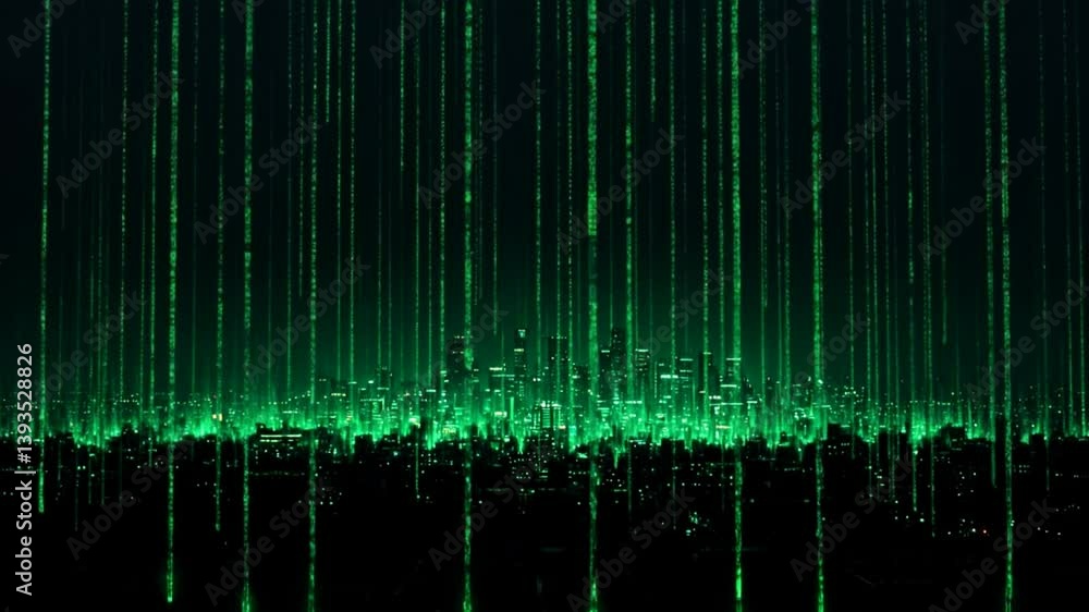 Poster night cityscape with falling digital rain matrix style green code data stream digital technology