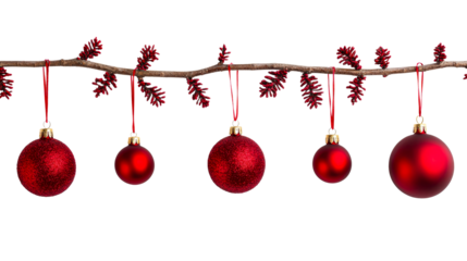 Red Christmas balls on branch, festive hanging ornaments, cut out transparent