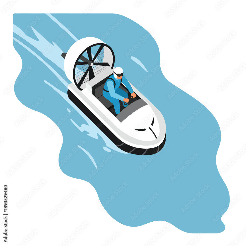 Poster hovercraft navigating swiftly through water in flat vector art style